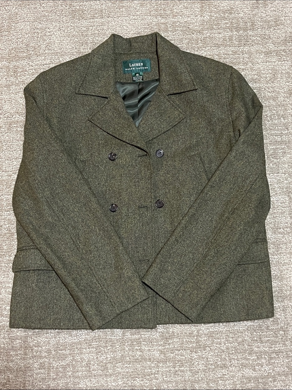 Lauren Ralph Lauren Olive Herringbone Double-Breasted Lambswool Blazer Peacoat